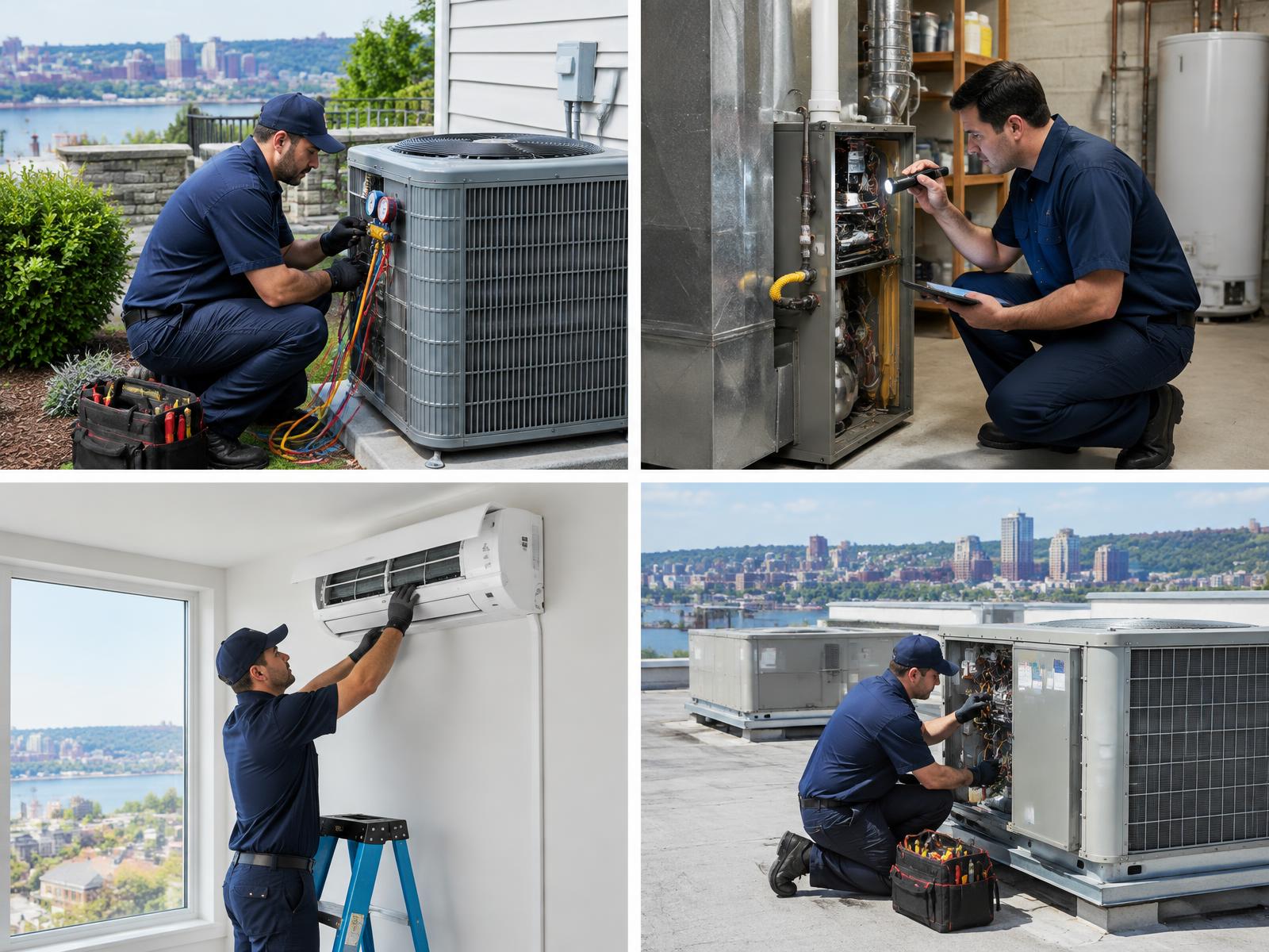 HVAC technician servicing a residential central air condenser